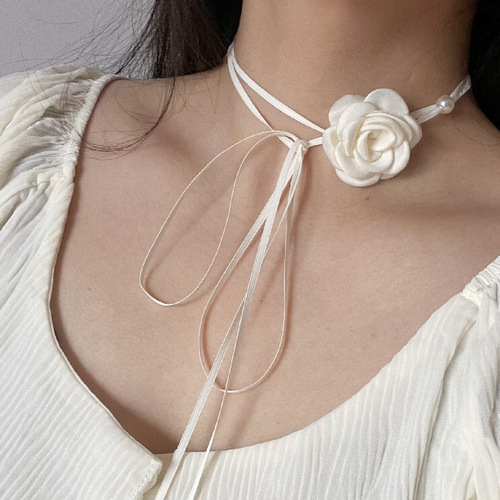 French super fairy retro rose flower lace necklace pearl strap choker necklace pearl flower clavicle chain for women