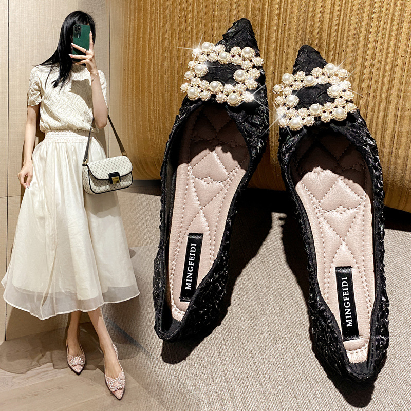 Celebridad de Internet punta puntiaguda zapatos de una sola capa para mujeres 2023 nuevos zapatos de mujer de otoño zapatos planos de corte bajo rhinestone más bombas de las mujeres del tamaño 41-43