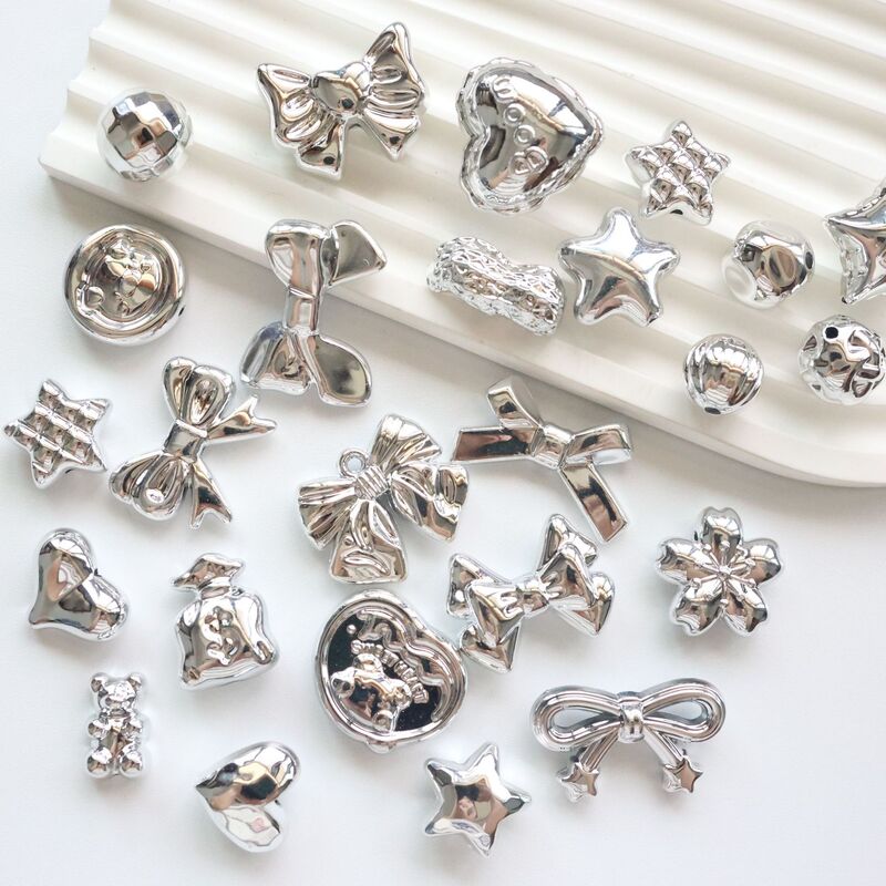 38 Types of Silver Electroplated Uv Metal Heart-Shaped, Five-Pointed Star, Bow, and Round Bead DIY Beading Phone Chain Materials and Accessories 38 Types of Silver Electroplated Uv Metal Heart-Shaped, Five-Pointed Star, Bow, and Round Bead DIY Beading Phone Chain Materials and Accessories