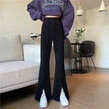 大码女装秋季宽松胖妹妹-斤显瘦潮流休闲直筒黑色韩版开叉裤