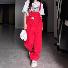 美式红色复古阔腿牛仔背带裤女2024秋季新款宽松显瘦直筒拖地裤子