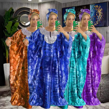 爆款加色 tiktok2023非洲亮片印花宽松袍子带头巾 长袍连衣裙