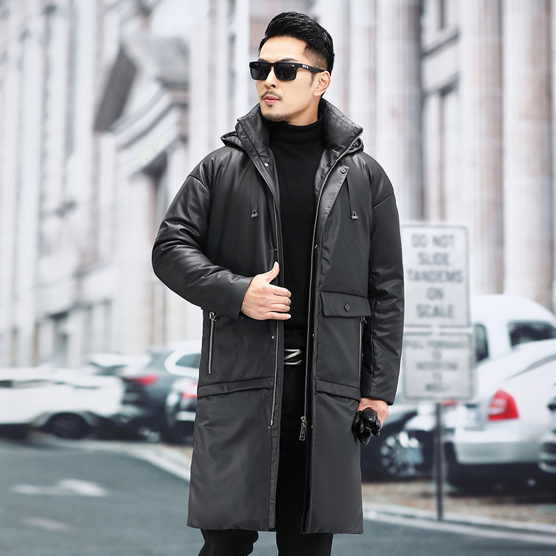 New Haining Leather coat men's leather down jacket thickened extended to the knee hooded fur winter coat coat