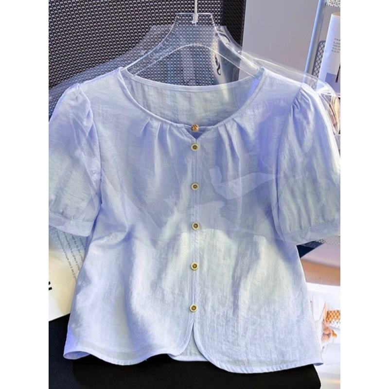 夏服 2025 新しいラウンドネック半袖シャツ女性のためのルーズ痩身ショートファッション年齢を減らすシャツ|undefined