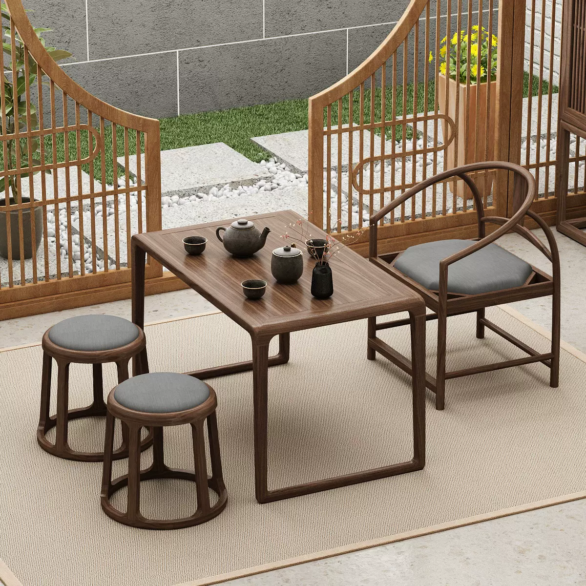 新中式阳台茶桌老榆木茶桌椅组合简约实木禅意泡茶台小户型原木