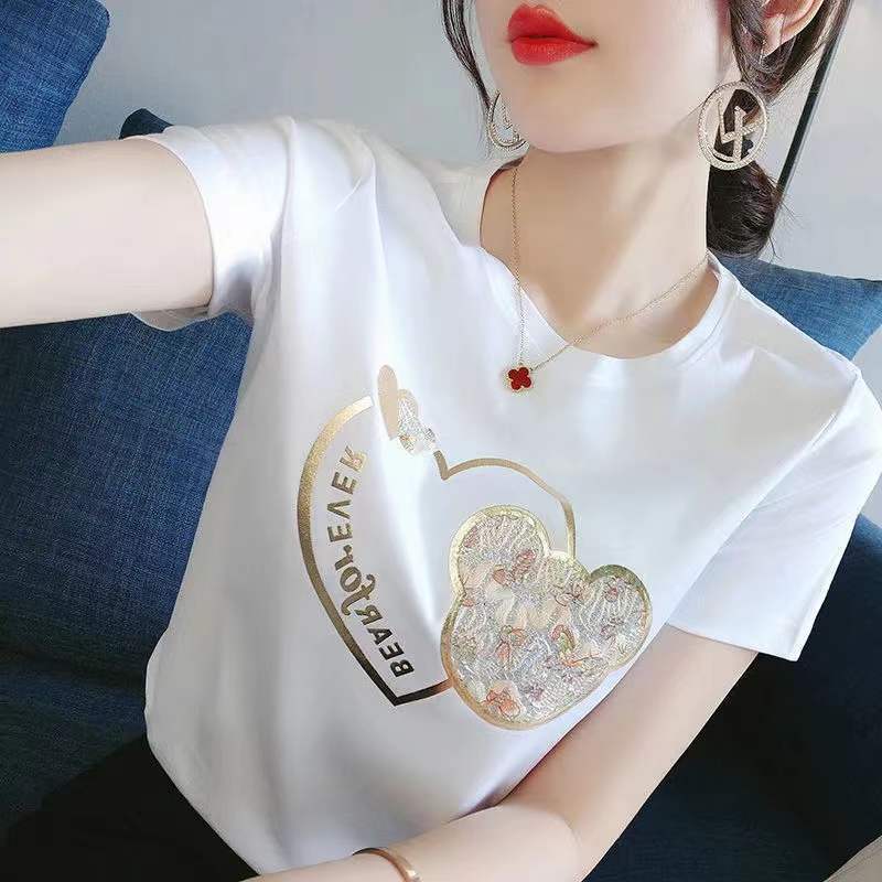 重工烫金小熊短袖T恤女2022春夏韩版个性设计宽松新款内搭上衣