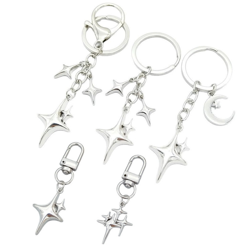 Foreign Trade Cross-Border Hot-Selling Creative DIY Four-Pointed Star Alloy Moon Star Keychain Pendant Mobile Phone Chain Bag Decoration