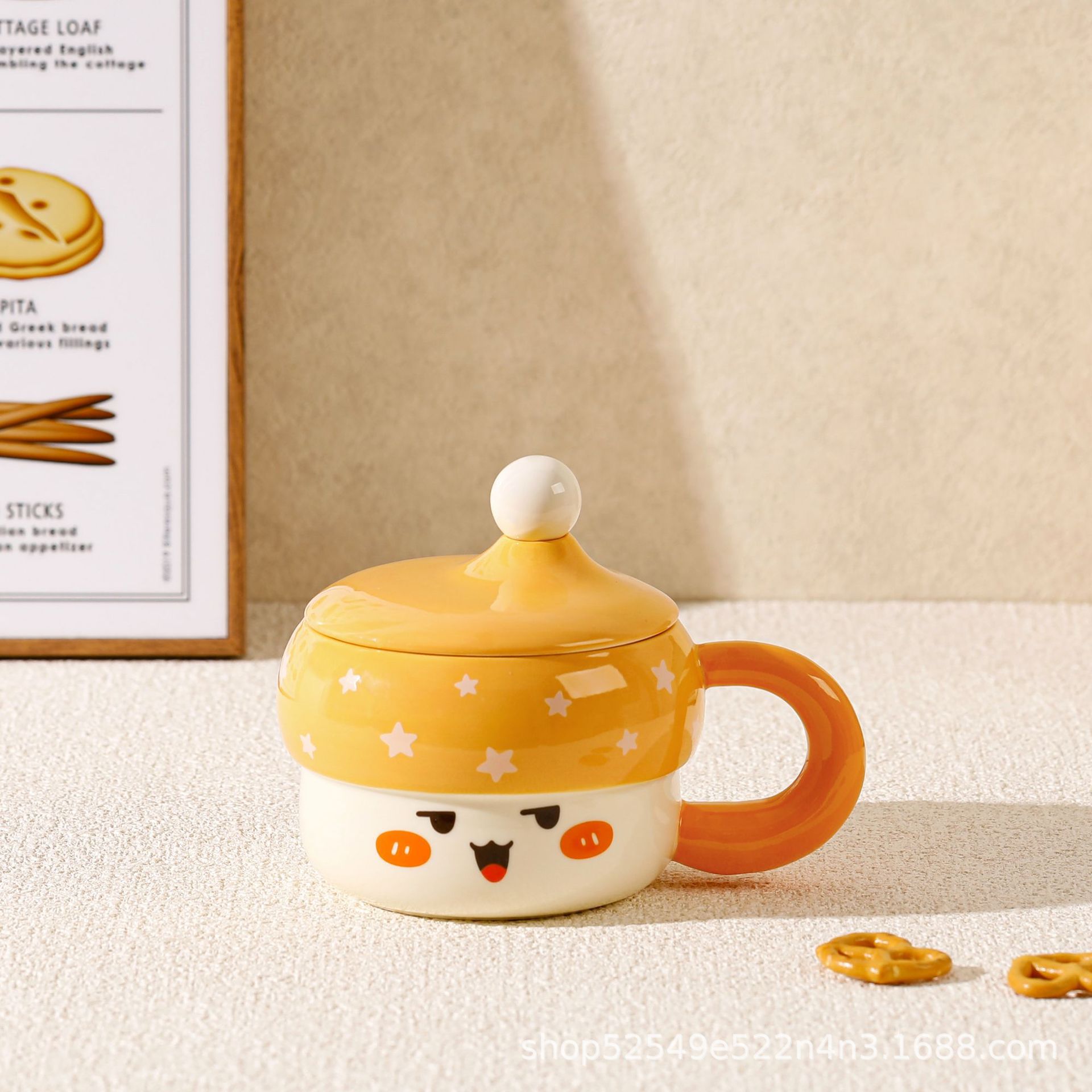 Hermosa taza de agua de hongos, regalo de alta capacidad, taza de cerámica con tapa, pequeño regalo.