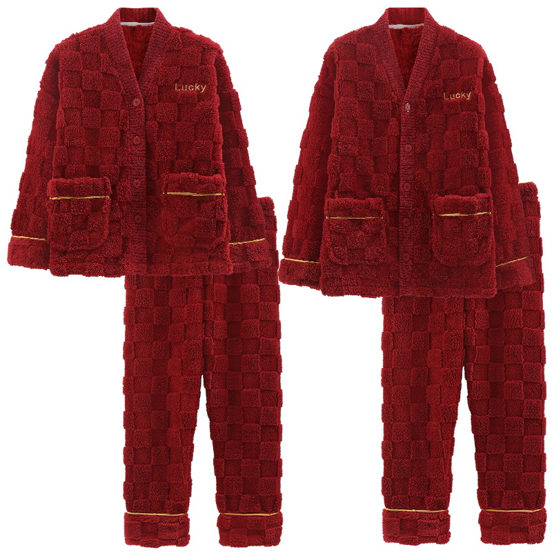 Pareja de pijamas de otoño e invierno para hombres y mujeres de lana de coral engrosada de franela forrada de lana traje rojo de boda