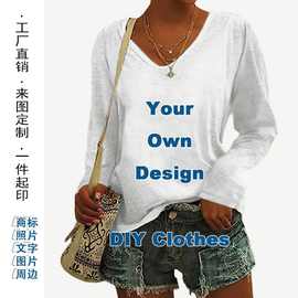 数码印花女装休闲长袖V领DIYT恤个性夏季男女同款照片Logo图片