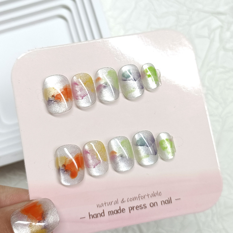 Autumn and Winter Oil Painting Cat-Eye Handmade Wearable Nails, Sweet Short Square-Shaped Nail Stickers, New 10-Piece Set for Nail Art