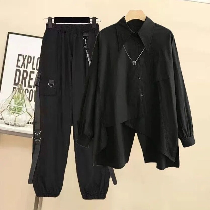 2026 Spring/Summer Korean Style Loose Long-Sleeve Designer Shirt and Cargo Pants Two-Piece Men's Set