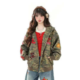 KNY美式复古水洗迷彩刺绣连帽卫衣外套女秋冬季宽松休闲帽衫夹克