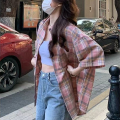 粉色格子衬衫女夏设计感港风复古小个子上衣休闲开衫外搭短袖外套