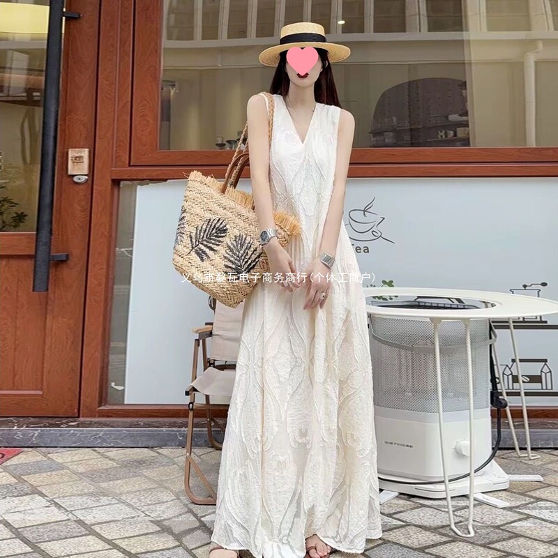 French-style tea break V-neck sleeveless white dress for women, summer loose-fitting, slimming, casual, textured, long vacation dress French-style tea break V-neck sleeveless white dress for women, summer loose-fitting, slimming, casual, textured, long vacation dress