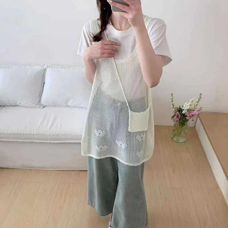 Summer Korean-style Loose Casual All-match Thin Vest Hollow Knitted Blouse Long Skirt Vest with Exquisite Small Bag