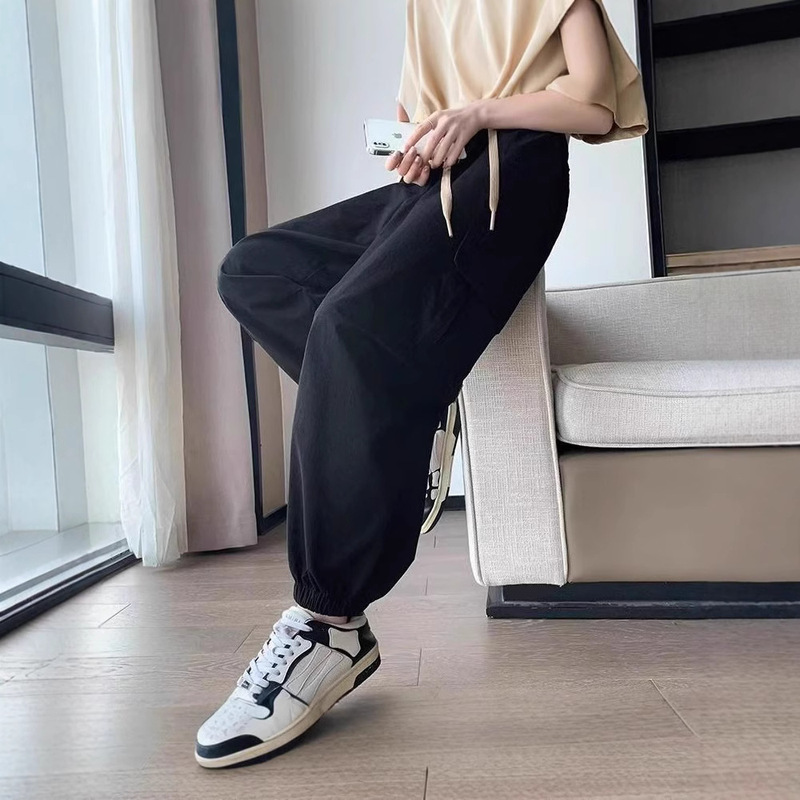 Summer American-Style Jogger Pants for Women, Hong Kong Style, Straight-Leg, Slimming, Versatile, Comfortable, Sports, Cropped Casual Pants, Summer Wide-Leg Harem Pants