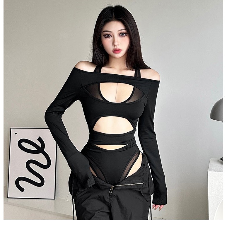 European and American style summer new women's street hot girl mesh patchwork sexy hollow backless high waist slim bodysuit