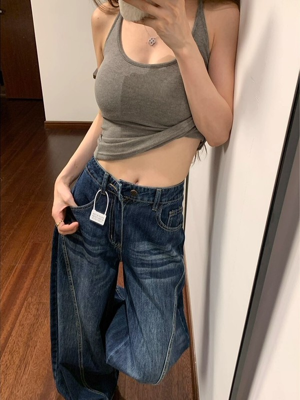 美式复古高街弯刀阔腿牛仔裤女春秋新款高腰垂感显瘦百搭拖地裤子|undefined