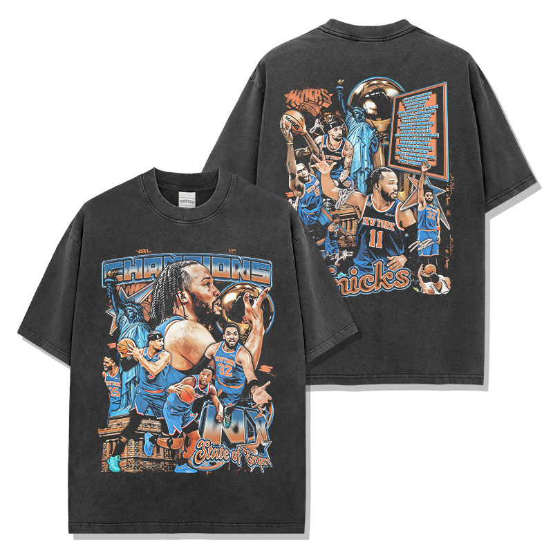 Jalen Brunson Knicks Championship Team Commemorative T-Shirt with Vintage Star Print Short Sleeves for Men