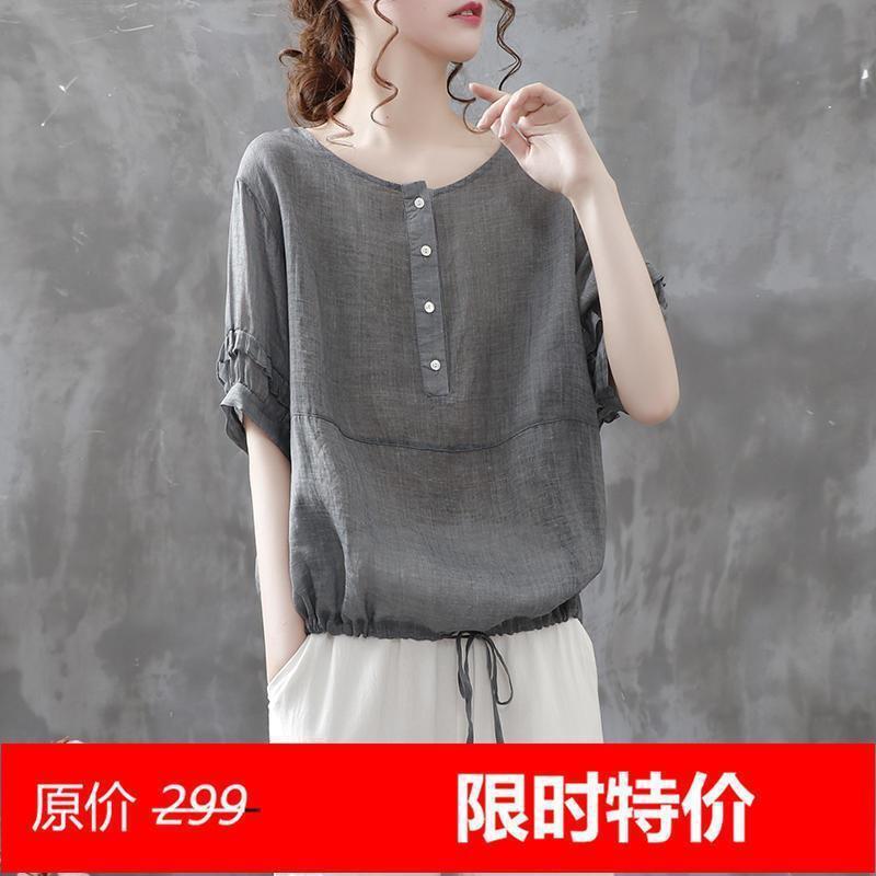 《Special Offer Plus Size》 Ramie Loose Hem Drawstring Short Sleeve Shirt Women's Summer New Style Artistic Thin Shirt Women