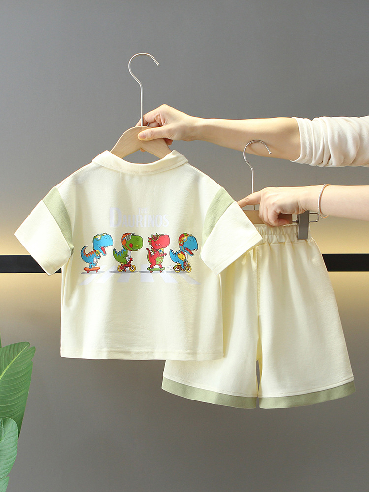 Conjunto de Verano para Niños 7856, Estilo 2026, Conjunto de Dos Piezas de Manga Corta con Dinosaurios, Camiseta Polo de Verano para Bebés