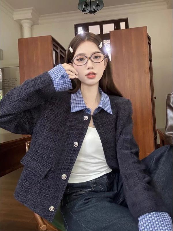 韩系假两件拼接翻领小香风外套女秋季新款宽松休闲短款夹克上衣潮|undefined