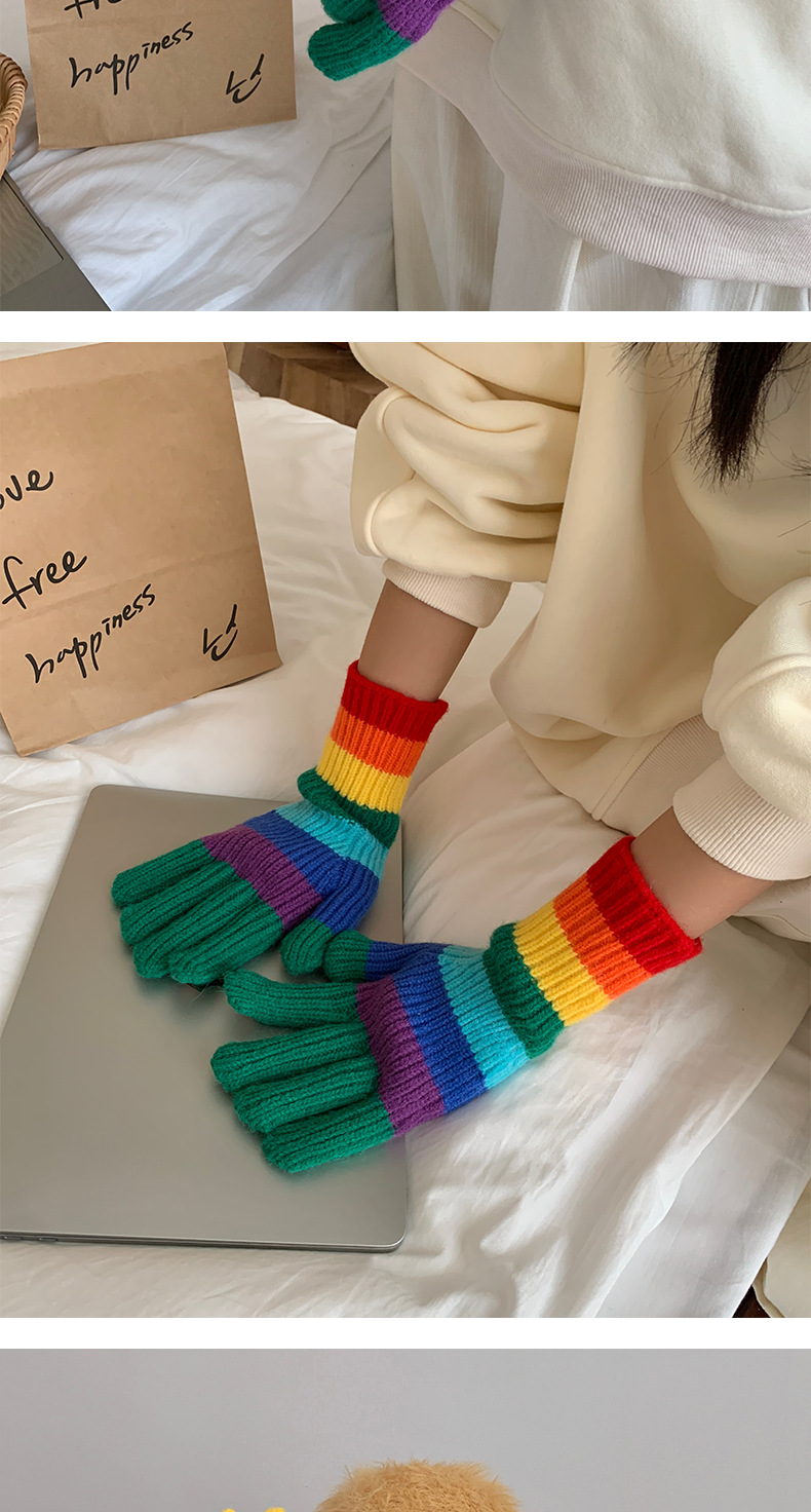 Rainbow Stripe Gloves Wool Thickened Touch Screen For Couples_voghion.com