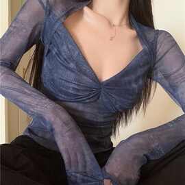 复古辣妹v领长袖防晒T恤女夏季设计感修身显瘦薄款网纱短款上衣潮