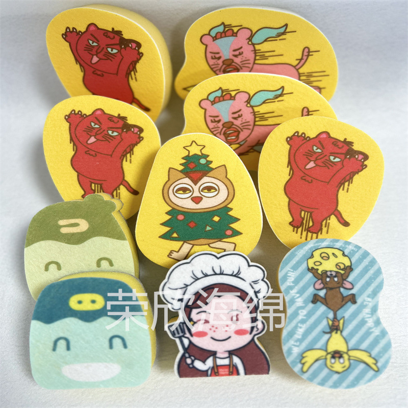 跨境家用百洁布卡通印花压缩木浆棉海绵擦厨房清洁洗碗家用海绵片