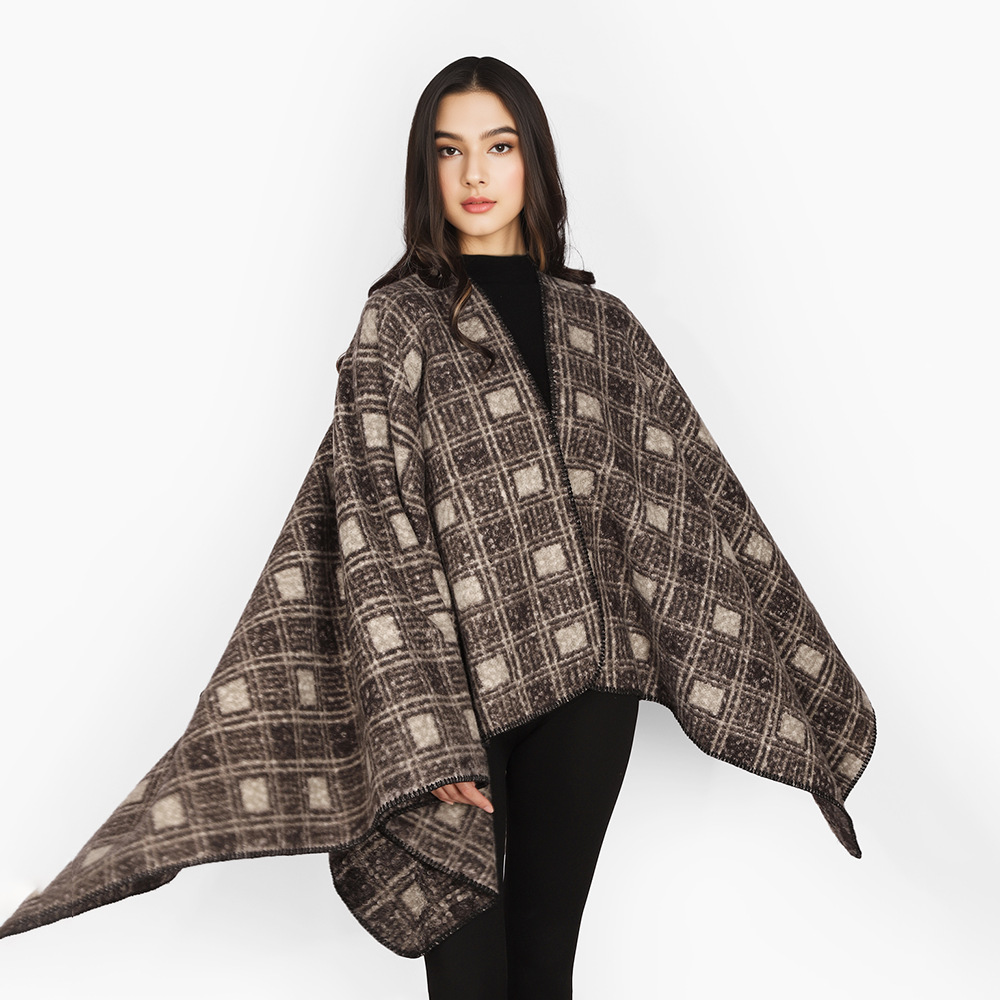 Otoño e invierno nuevo estilo chaqueta de rebeca suelta estilo a cuadros de tweed oscuro engrosamiento cálido capa de chal de oficina