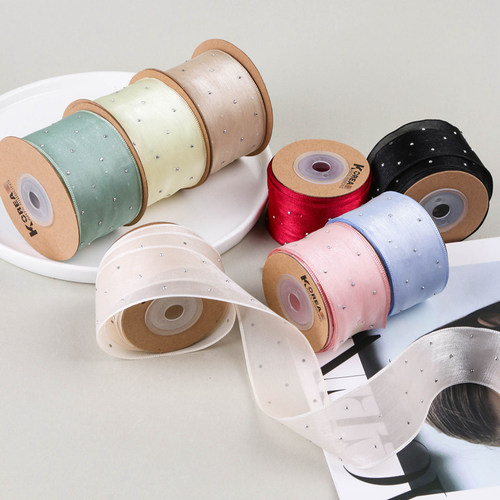 Hot diamond snow textile ribbon DIY bow hair accessories straw hat florist shop flower packaging silver dot silk ski yarn ribbon