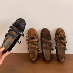 内增高复古圆头豹纹单鞋女秋季小众设计感法式玛丽珍女鞋芭蕾舞鞋
