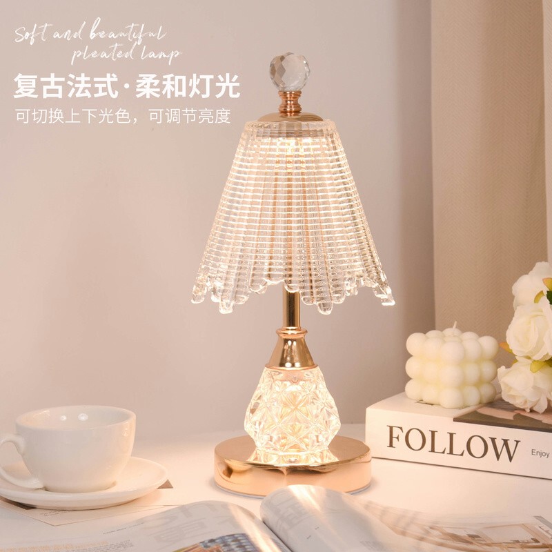 French-Style Light Luxury Crystal Glass Pleated Table Lamp with Three-Color Dimming and Up-And-Down Lighting for Bedroom, Creating a High-End Atmosphere Bedside Table Lamp