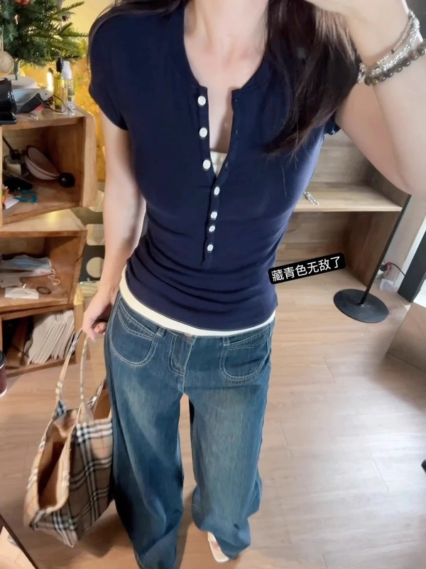修身亨利衫短袖正肩女t恤2025新款夏季v领掐腰半袖打底衫辣妹上衣|undefined
