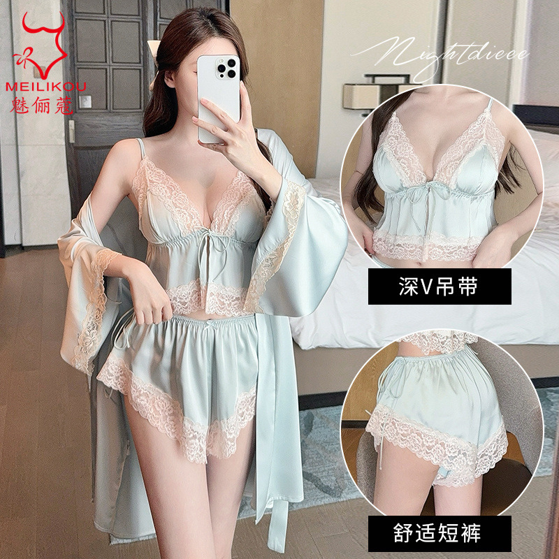 Sexy Lingerie, Pure Lust Style, French Lace Slit Suspender Shorts Set, High-End Ice Silk Home Wear 2332