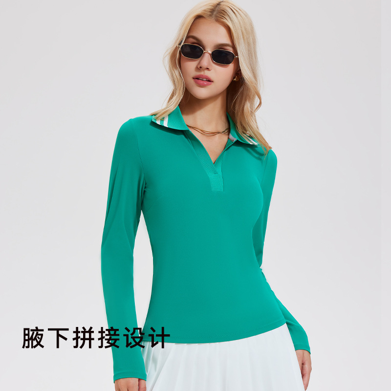 V-collar chaqueta de tenis de mangas largas camiseta de polo deportiva con solapa camiseta de negocios de golf casual chaqueta de ejercicio de secado rápido