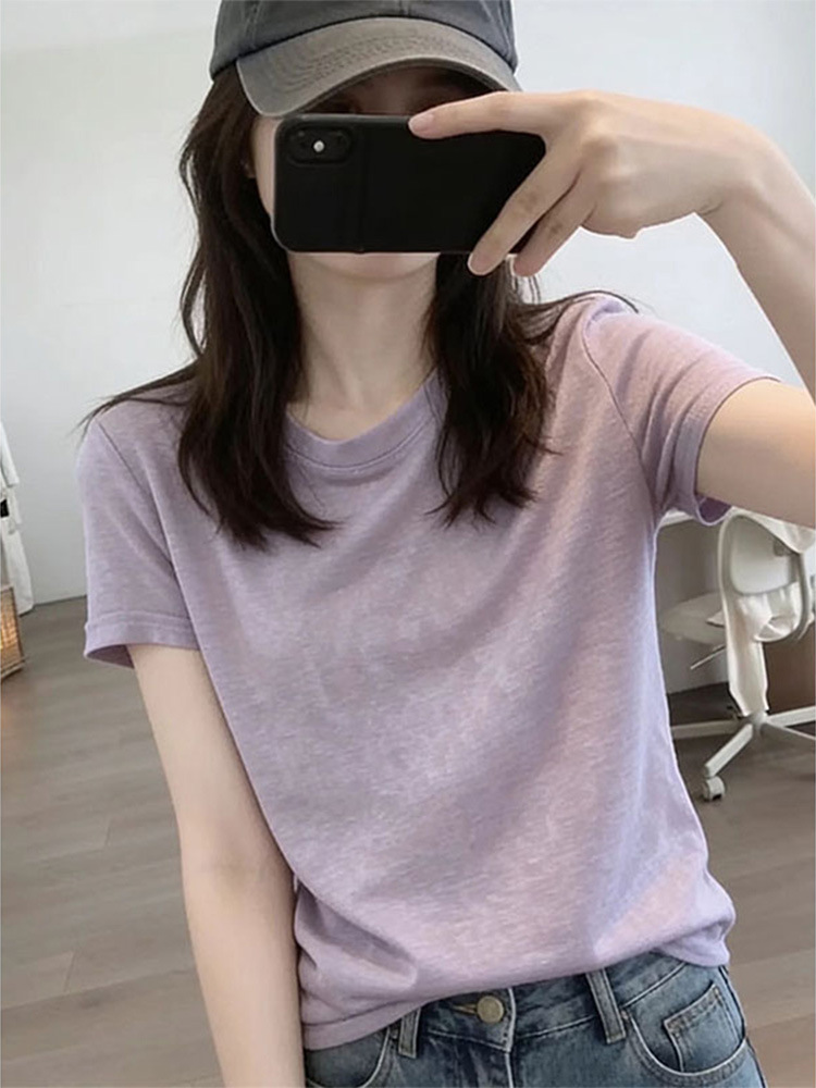 Snowflake Cotton Light Purple Short-Sleeve T-Shirt Top, Fashionable and Versatile, Age-Reducing, Thin, Breathable, Cool Summer Women's Clothing