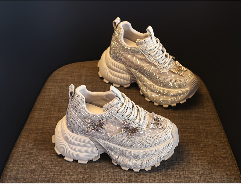 Giày sneaker nữ chunky đế dày đính đá pha lê thời trang — màu be chi tiết 5