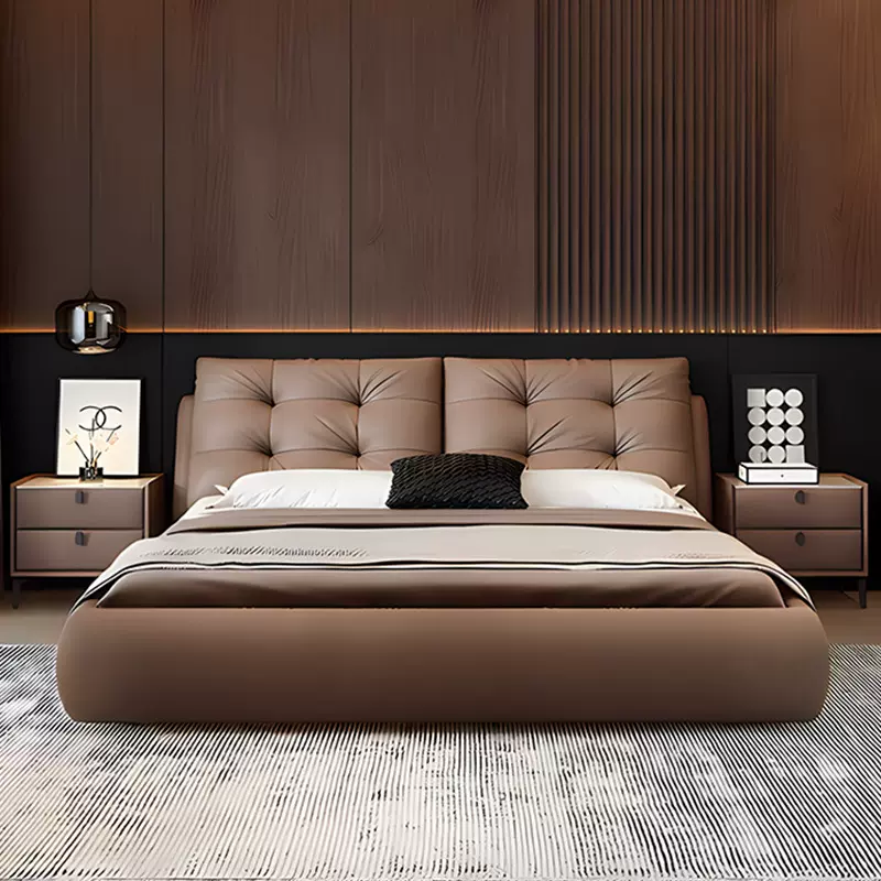 2025新款意式极简真皮床高端大气主卧双人软靠包床卧室落地皮艺床