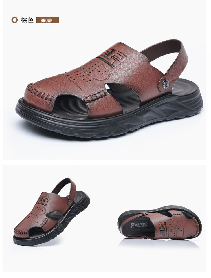 Dép sandal nam bít mũi da bò lớp đầu đế dày thoáng khí gót 3 cm — Màu nâu, Màu đen chi tiết 25
