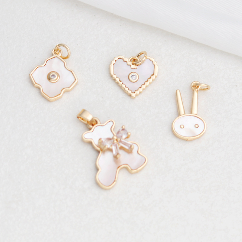 14K Gold-Plated Color-Preserving Zircon Inlaid Shell Heart Rabbit Four-Leaf Clover Pendant DIY Handmade Jewelry Accessory Pendant