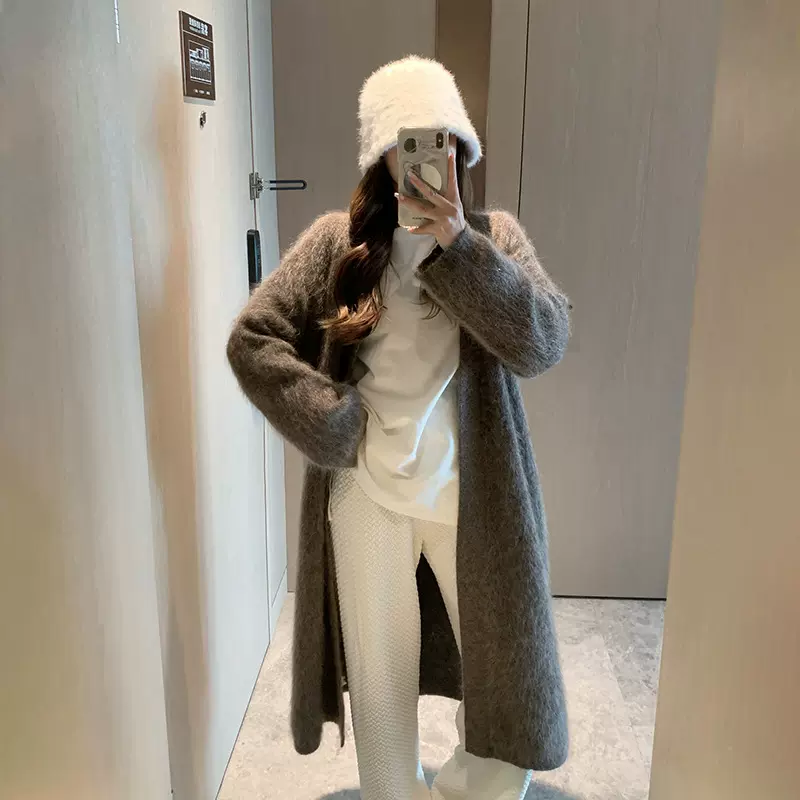 塞纳黄昏时 高端线 慵懒皮草感马海毛大开衫秋冬新款长款毛衣外套