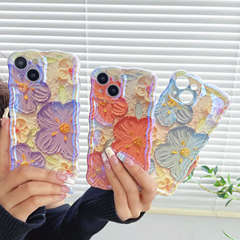 波浪邊藍光花朵適用蘋果14promax手機殼精孔iPhone15防摔女款軟殼