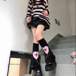 Black powder y2k sweet cool love pile leg set women's autumn and winter hot girls ins wide leg jk socks set women