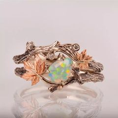 古董老钱风枫叶月光石戒指vintage新中式复古欧系宫廷食指戒指环