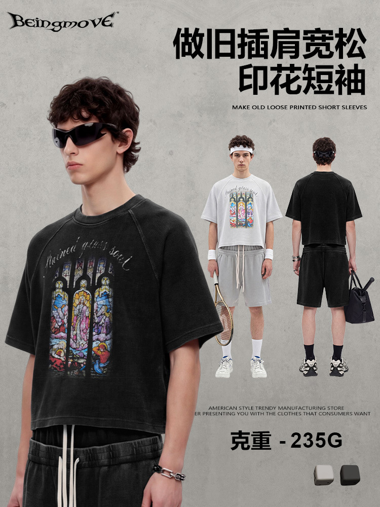 Calle secada| Verano americano retro lavado hace vieja marca de moda de manga corta impresión de hombro suelta camiseta casual para hombre