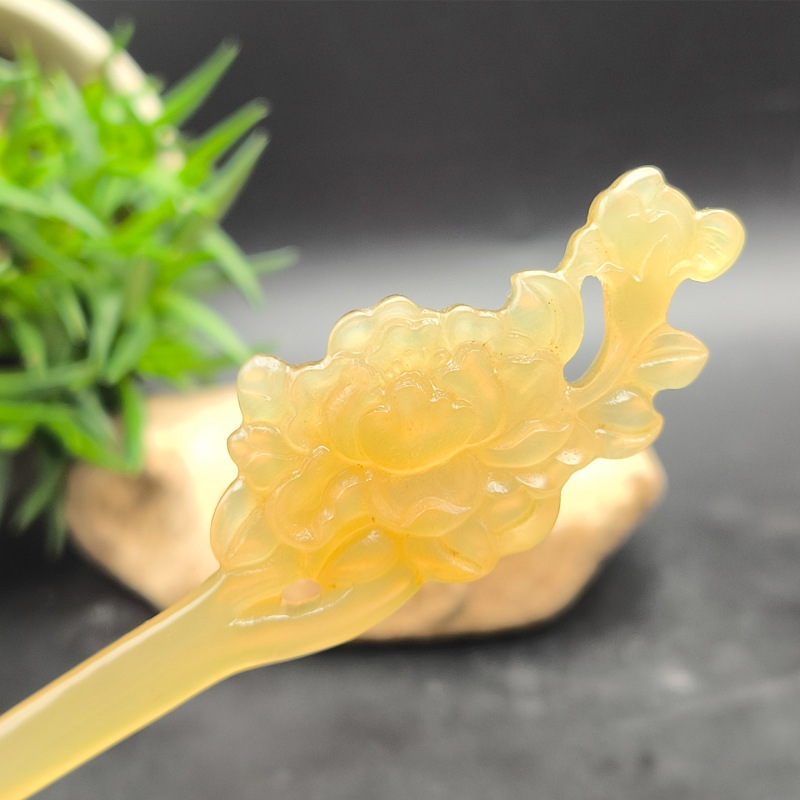 天然牛羊角双面雕刻牡丹花造型发簪汉服发饰搭配古风创意簪子复古|undefined
