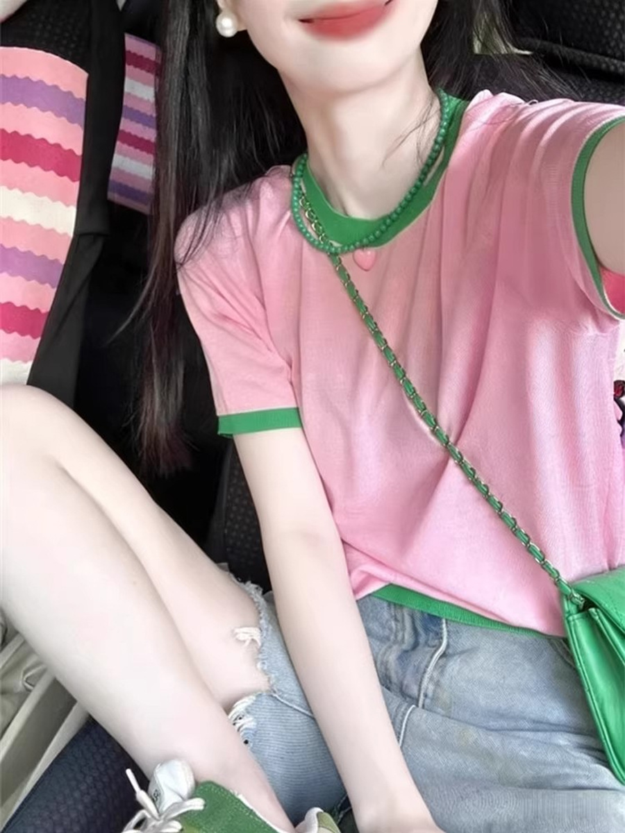 Áo thun nữ tay ngắn cổ tròn phom rộng chất liệu mỏng mùa hè — màu hồng