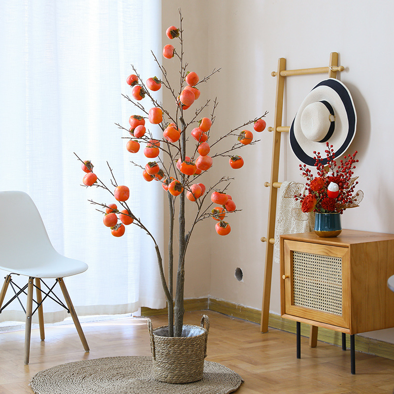 柿子树仿真树室内客厅假绿植中式落地摆件红果子新年装饰仿真盆栽